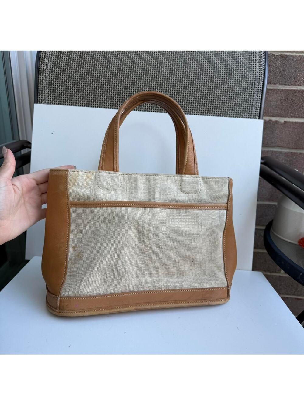 Vintage tan and cream canvas bleeker tote bag with leather trim
